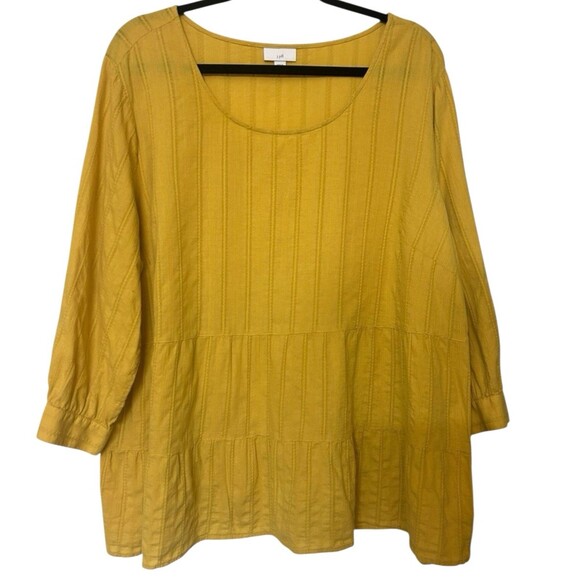 J Jill Plus 2X Mustard Tiered Textured Fabric 3/4 Sleeves 100% Cotton Tunic Top - Picture 1 of 8